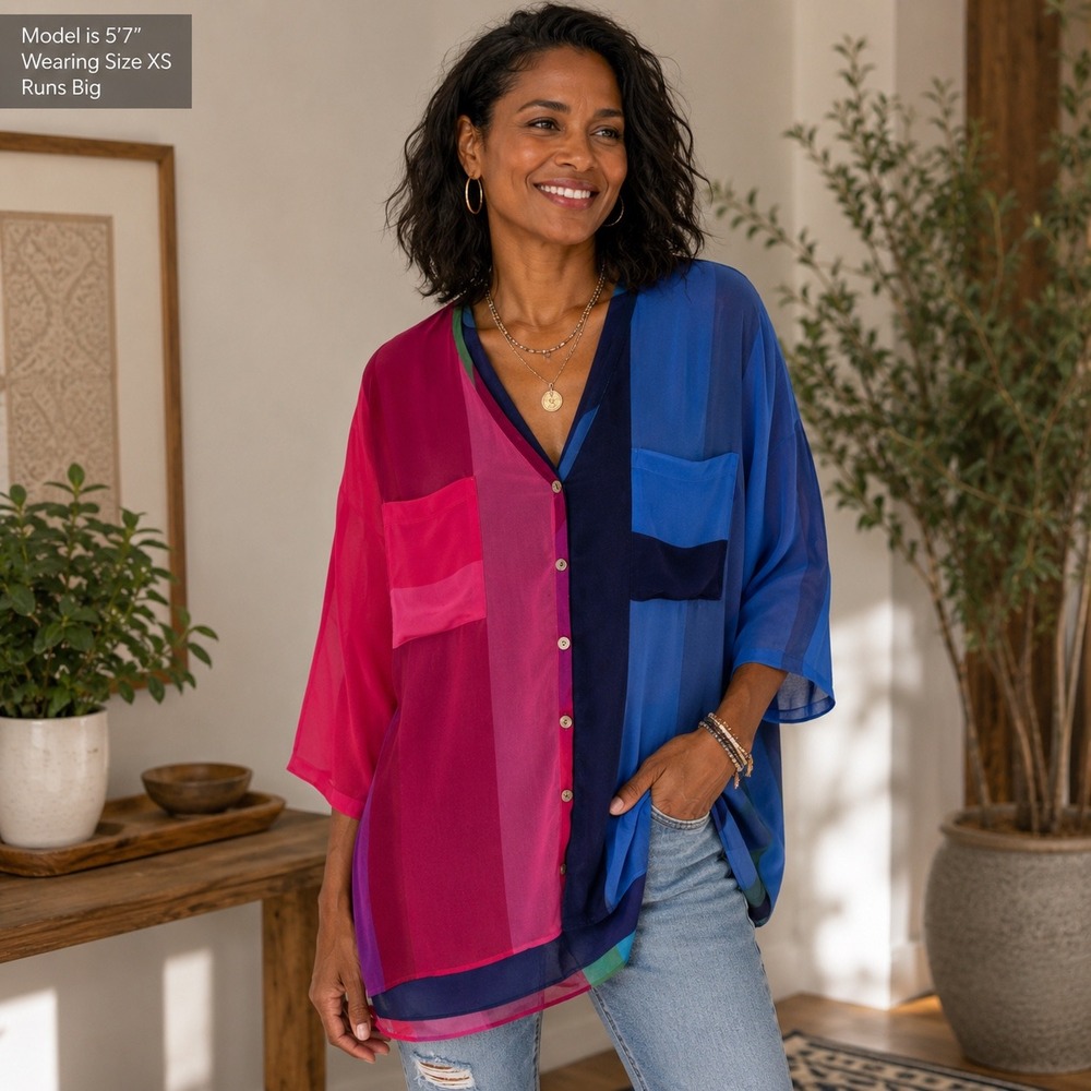 Show Me‎ Your Mumu XS Dahli Tunic Colorblock Sheer Button Front Blouse USA